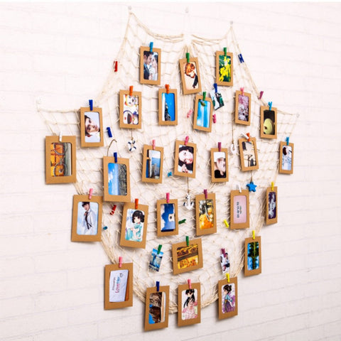 Hanging Picture Photo Frame Display with Clip and Fishing Net Rope Wall Decor Props Wall Decor Photo Frame Set